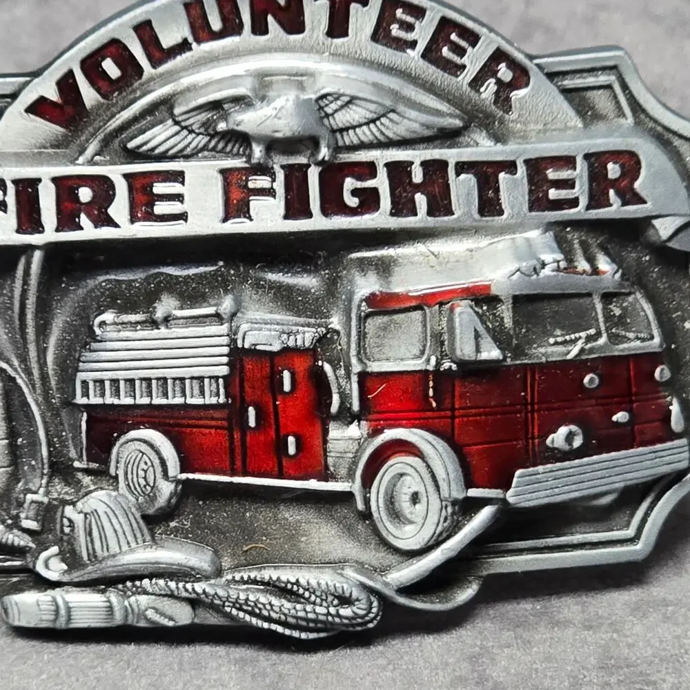 Vintage Silver & Red Volunteer Fire Fighter Engine Pewter High End Belt Buckle